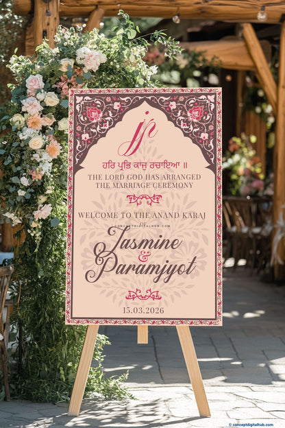 Deep Rose Pink Color Floral Vine Border Welcome Board for Wedding Week