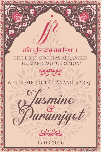 Deep Rose Pink Color Floral Vine Border Welcome Board for Wedding Week