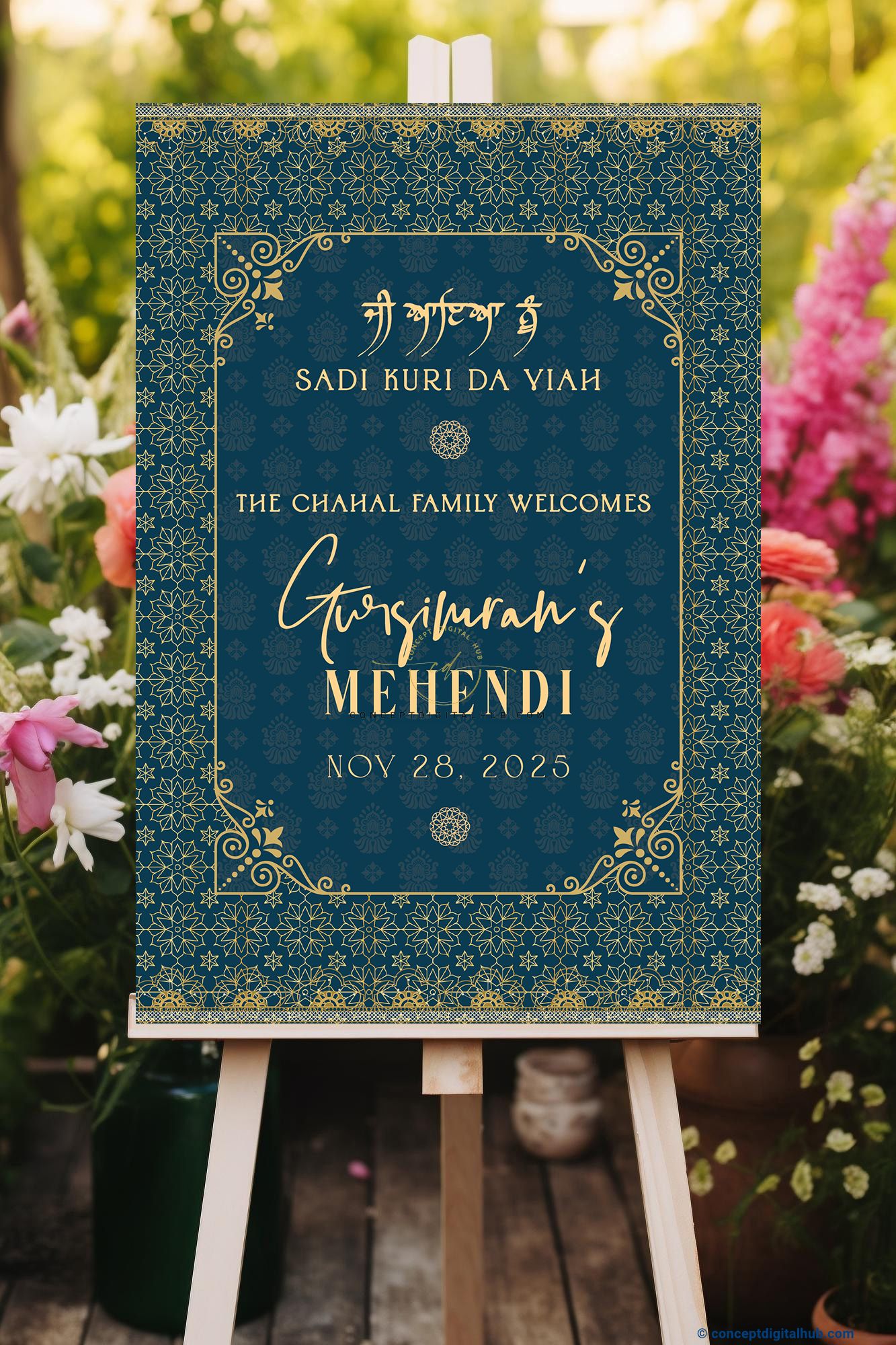 Nile Blue Color Geometric Pattern Welcome Board for Mehendi