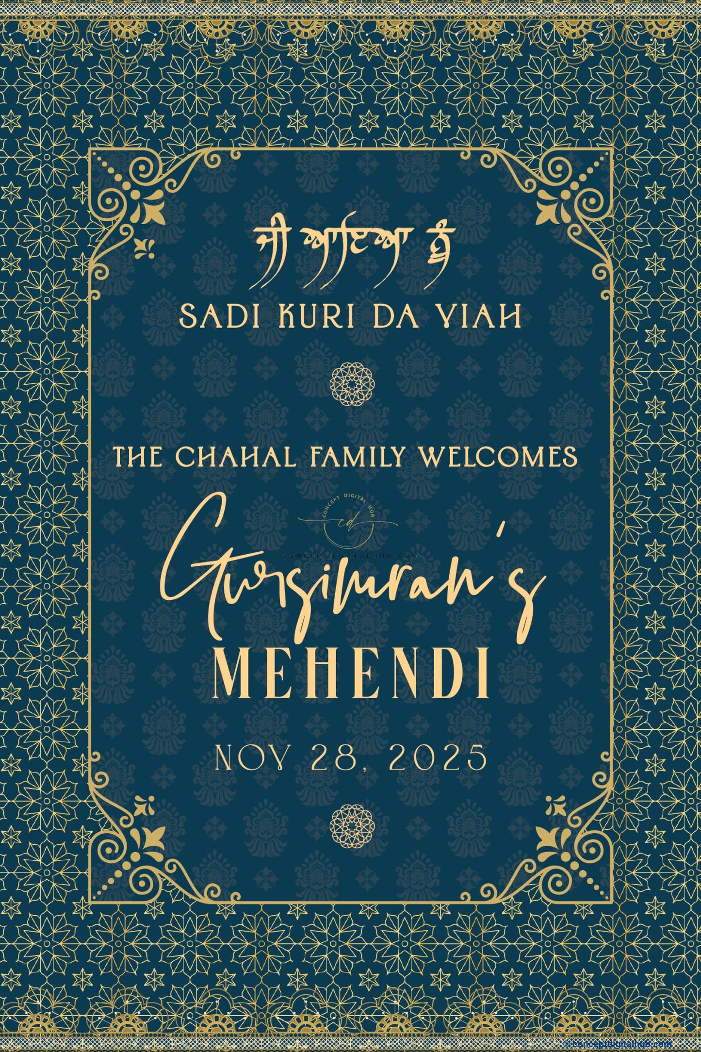 Nile Blue Color Geometric Pattern Welcome Board for Mehendi