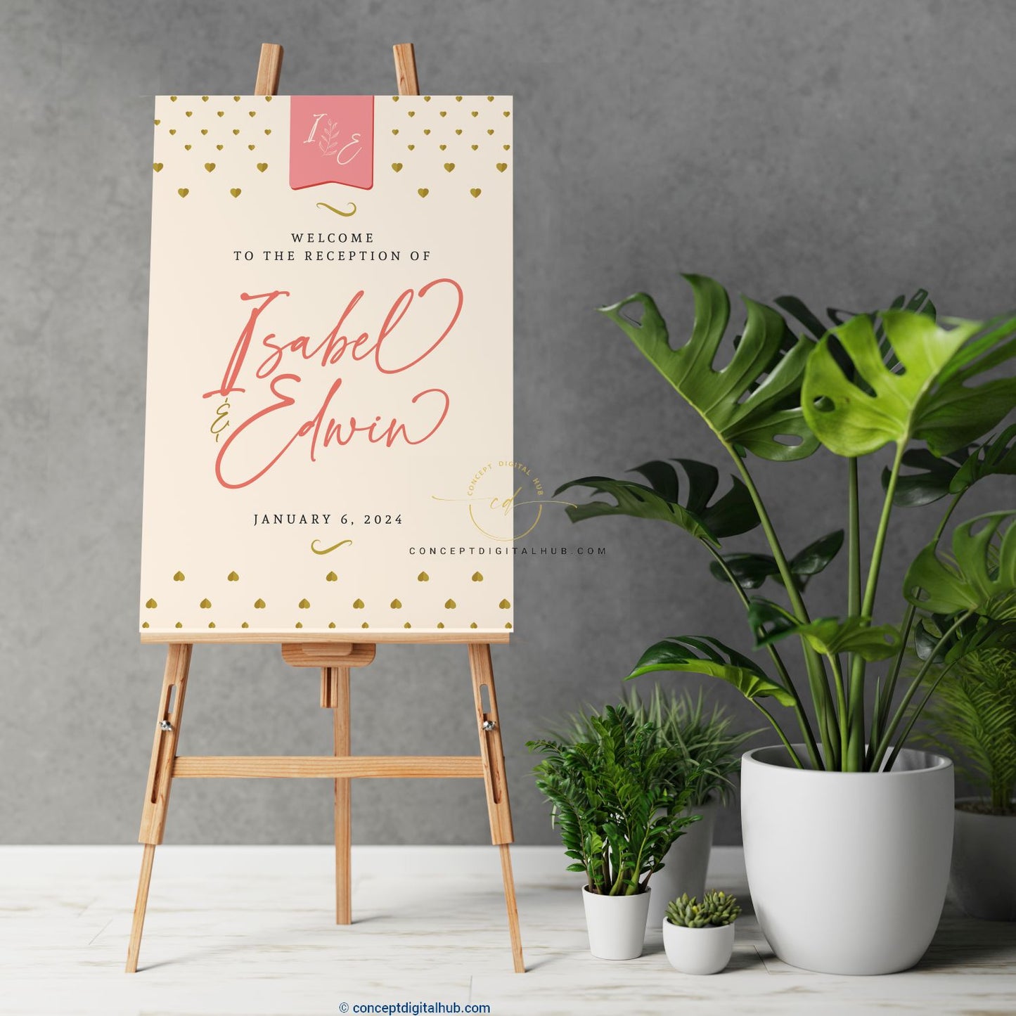 Calligraphic Peach Colored Reception Welcome Sign