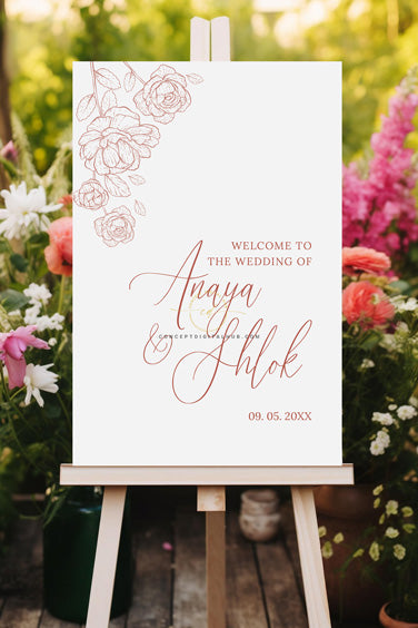 Minimal Pink Flower Wedding Welcome Board