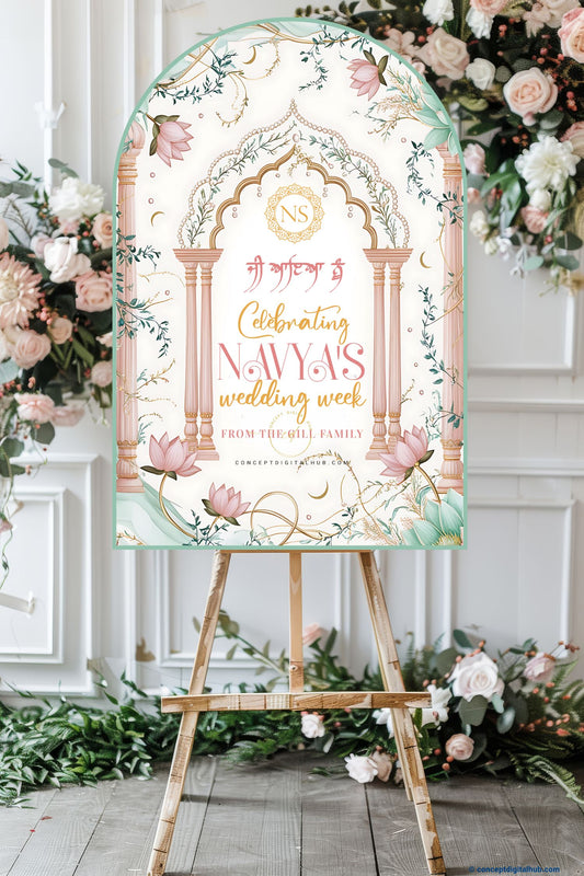 Rose Gold Color Pink Lotuses Welcome Board for Weddig Week