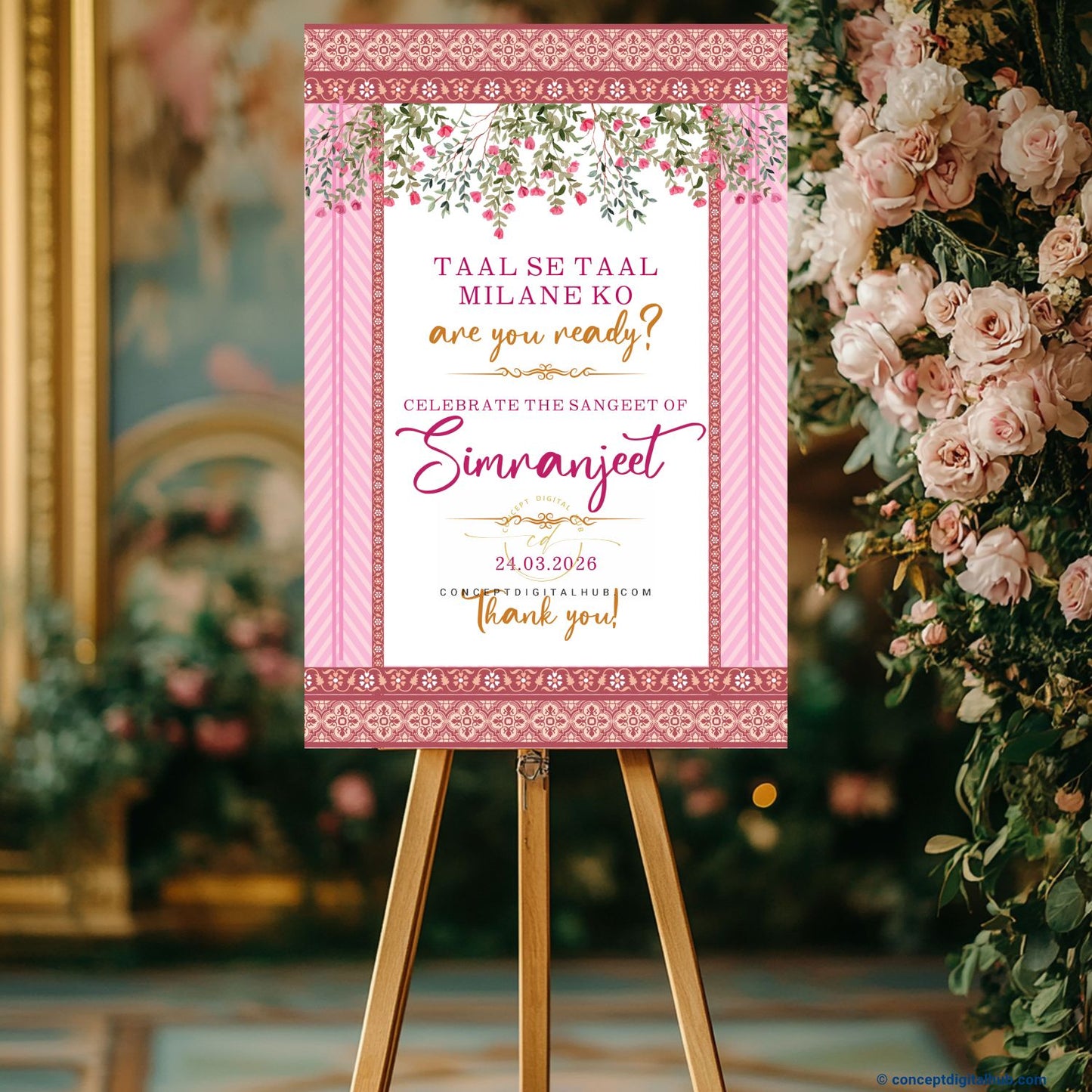 Blush Pink Color Floral Garland Welcome Board for Sangeet