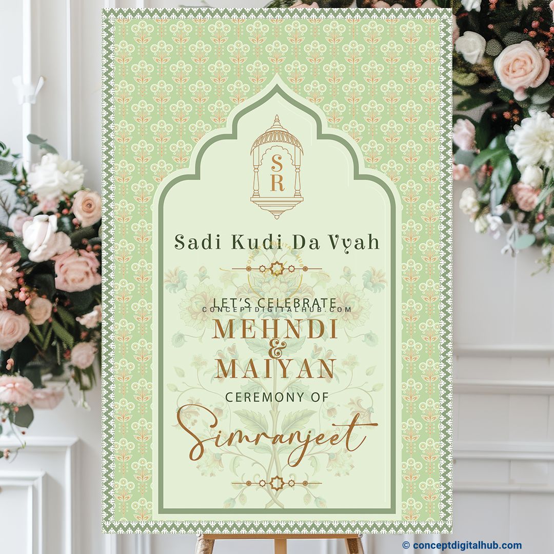 Sage Green Color Hanging Lantern Welcome Board for Mehendi
