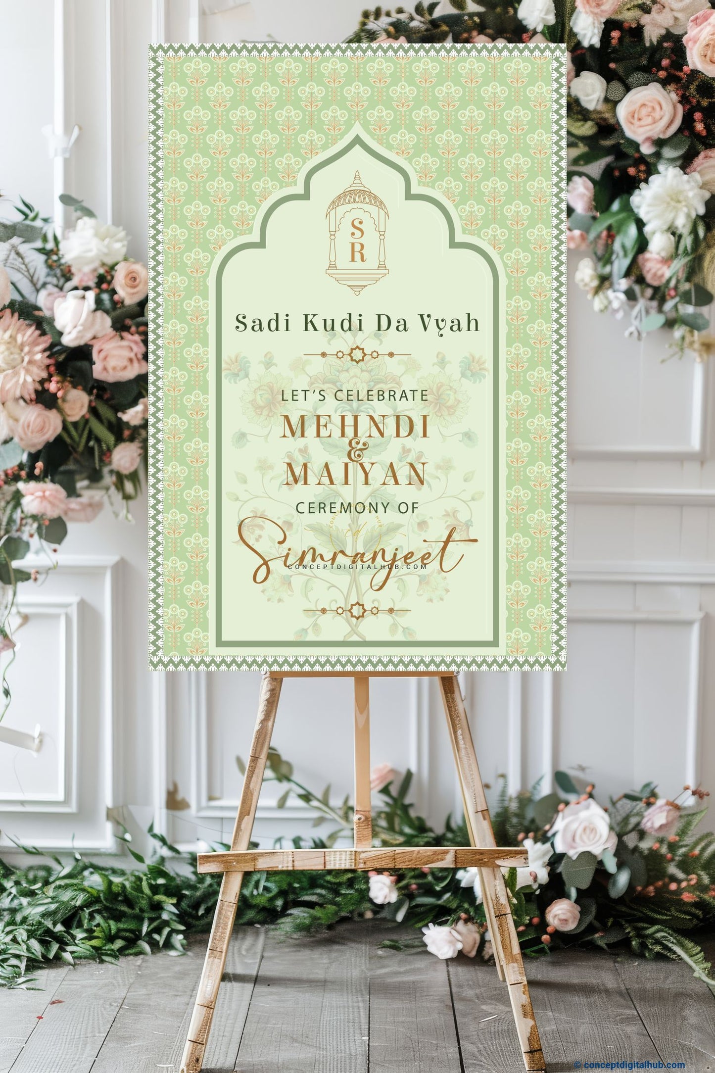 Sage Green Color Hanging Lantern Welcome Board for Mehendi