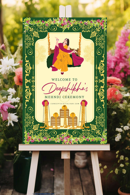 Green Yellow Mehndi Welcome Sign Board