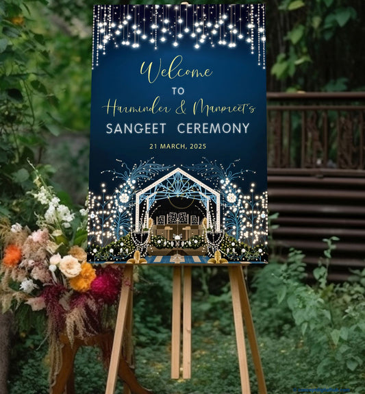 Midnight Blue Color White Stars Welcome Board for Sangeet