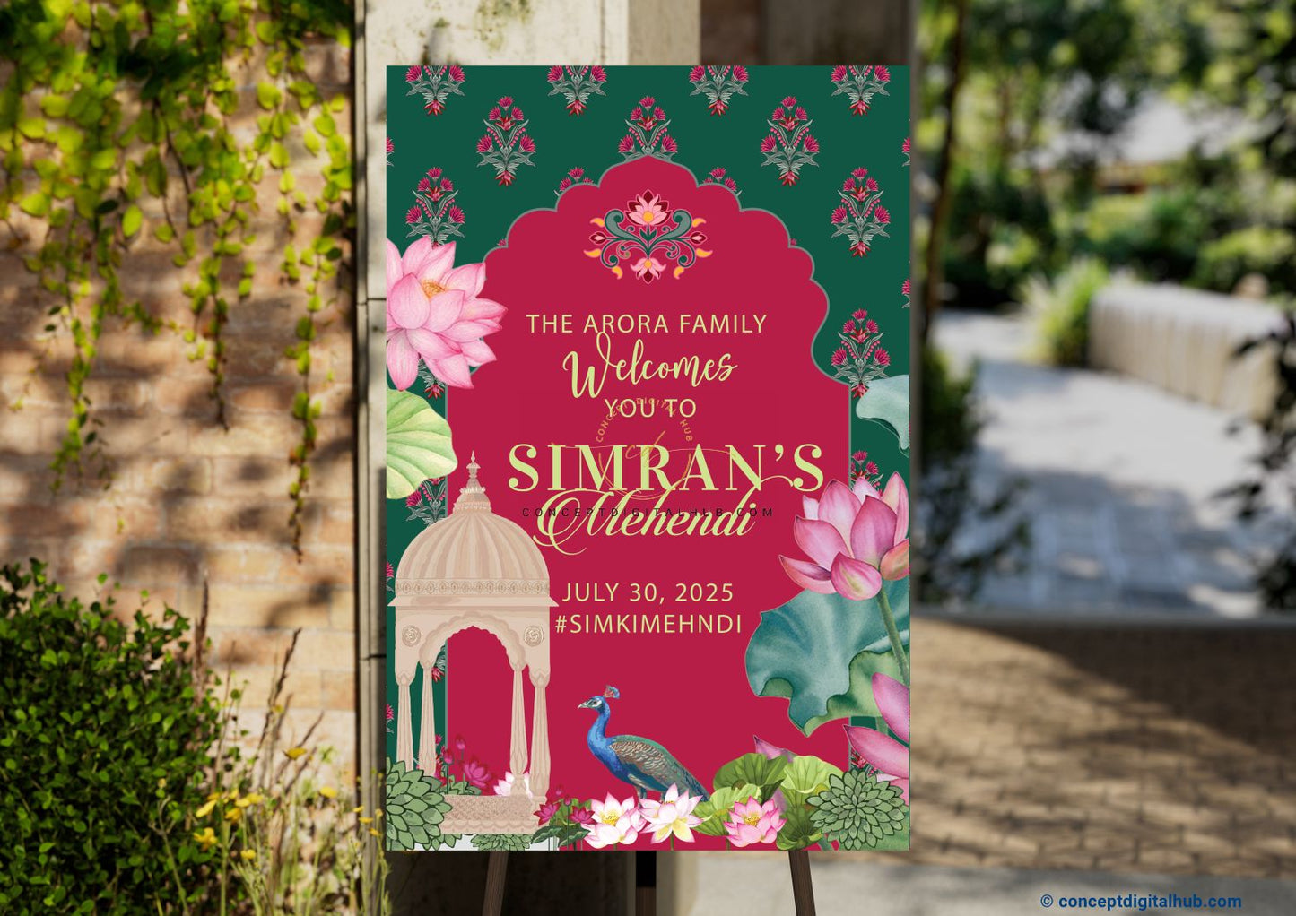 Bright Maroon Color Floral Welcome Board for Mehndi
