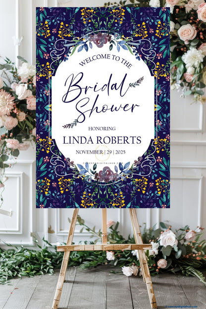 Midnight Navy Color Botanical Floral Pattern Welcome Board for Bridal Shower