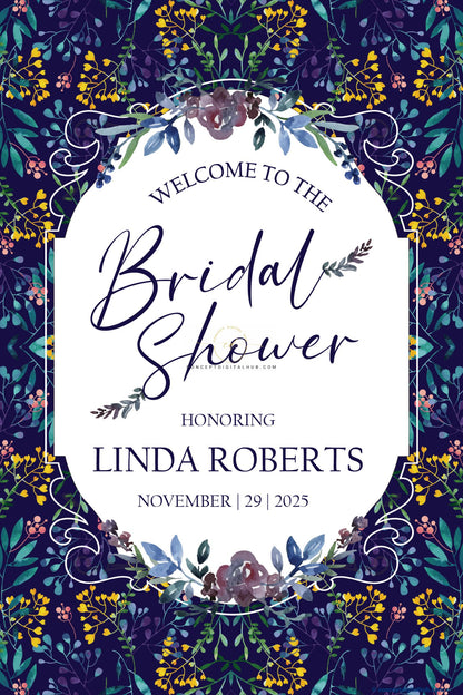 Midnight Navy Color Botanical Floral Pattern Welcome Board for Bridal Shower