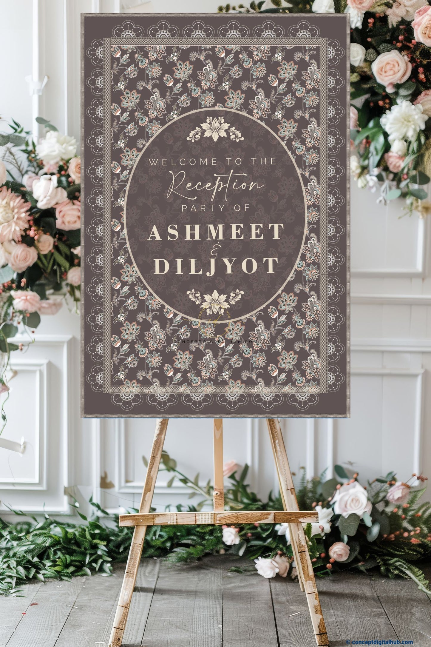 Davy Grey Color Floral Welcome Board for Wedding Week