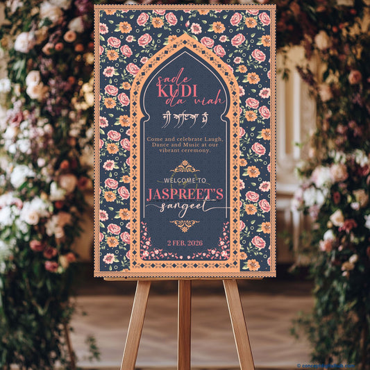 Dark Navy Blue Color Vintage Floral Pattern Welcome Board for Sangeet