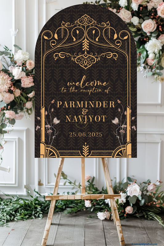 Dark Brown Color Gold Motifs Welcome Board for Reception