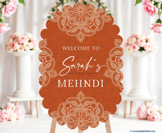 Reddish Orange Color Vintage Floral Welcome Board for Mehndi