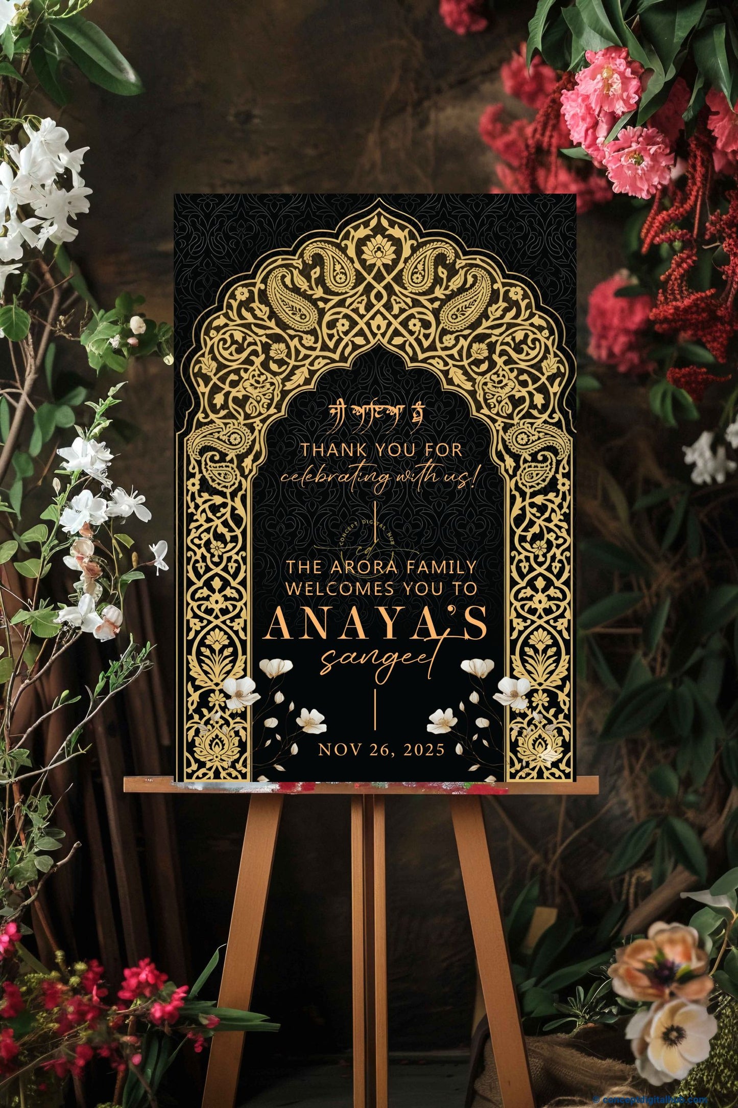 Matte Black Color Paisley Motifs Welcome Board for Sangeet