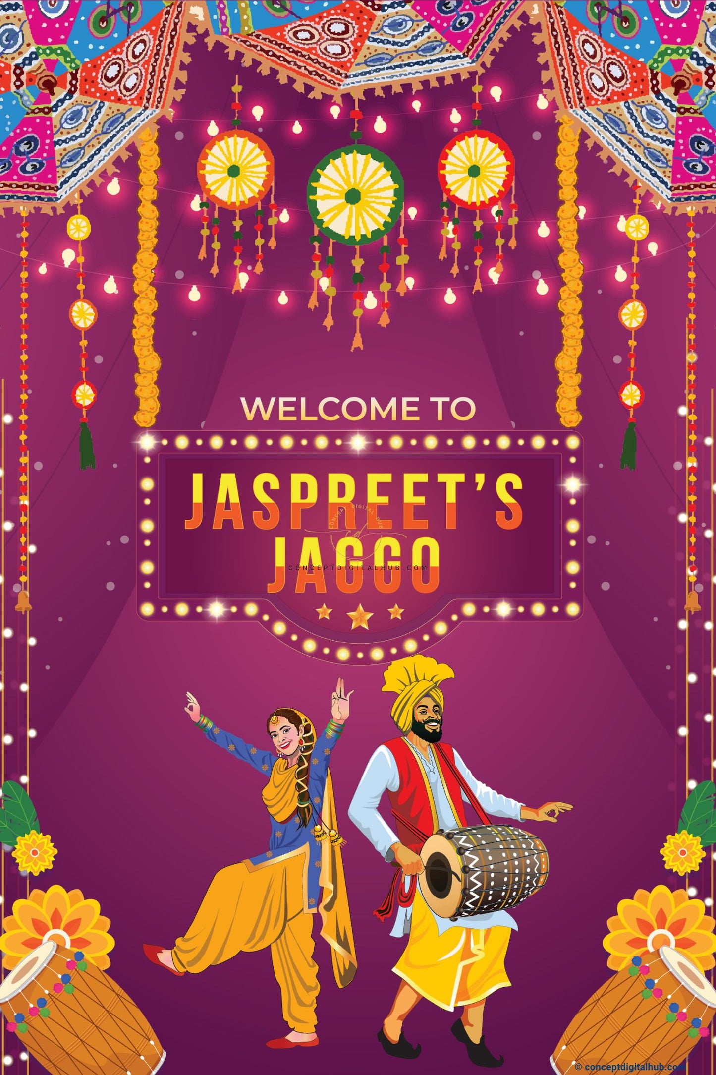 Purple Color Dhol Welcome Sign Board for Jaggo