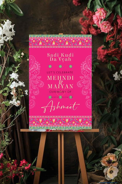 Deep Pink Color Floral Welcome Board for Mehndi