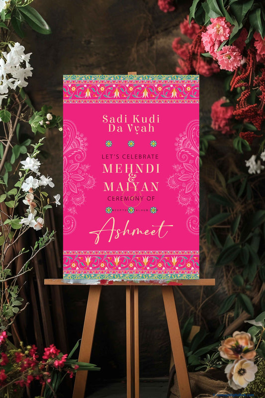 Deep Pink Color Floral Welcome Board for Mehndi
