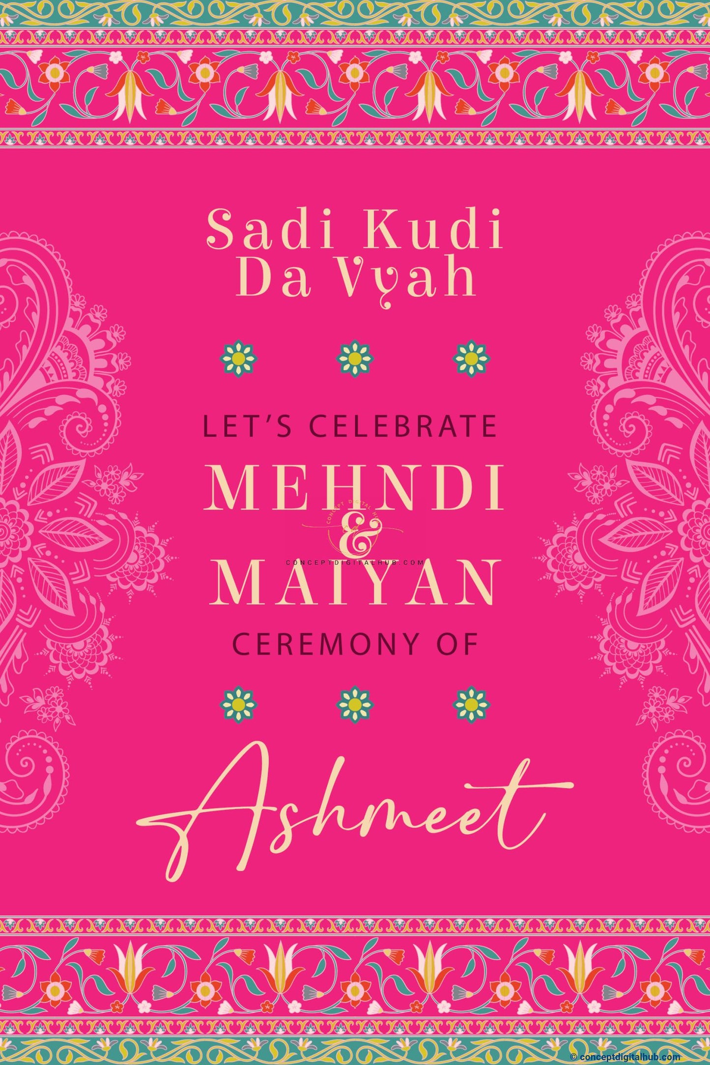 Deep Pink Color Floral Welcome Board for Mehndi