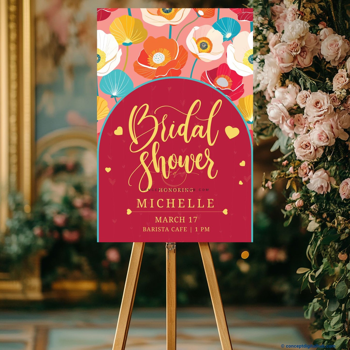 Deep Crimson Red Color Colorful Floral Welcome Board for Bridal Shower