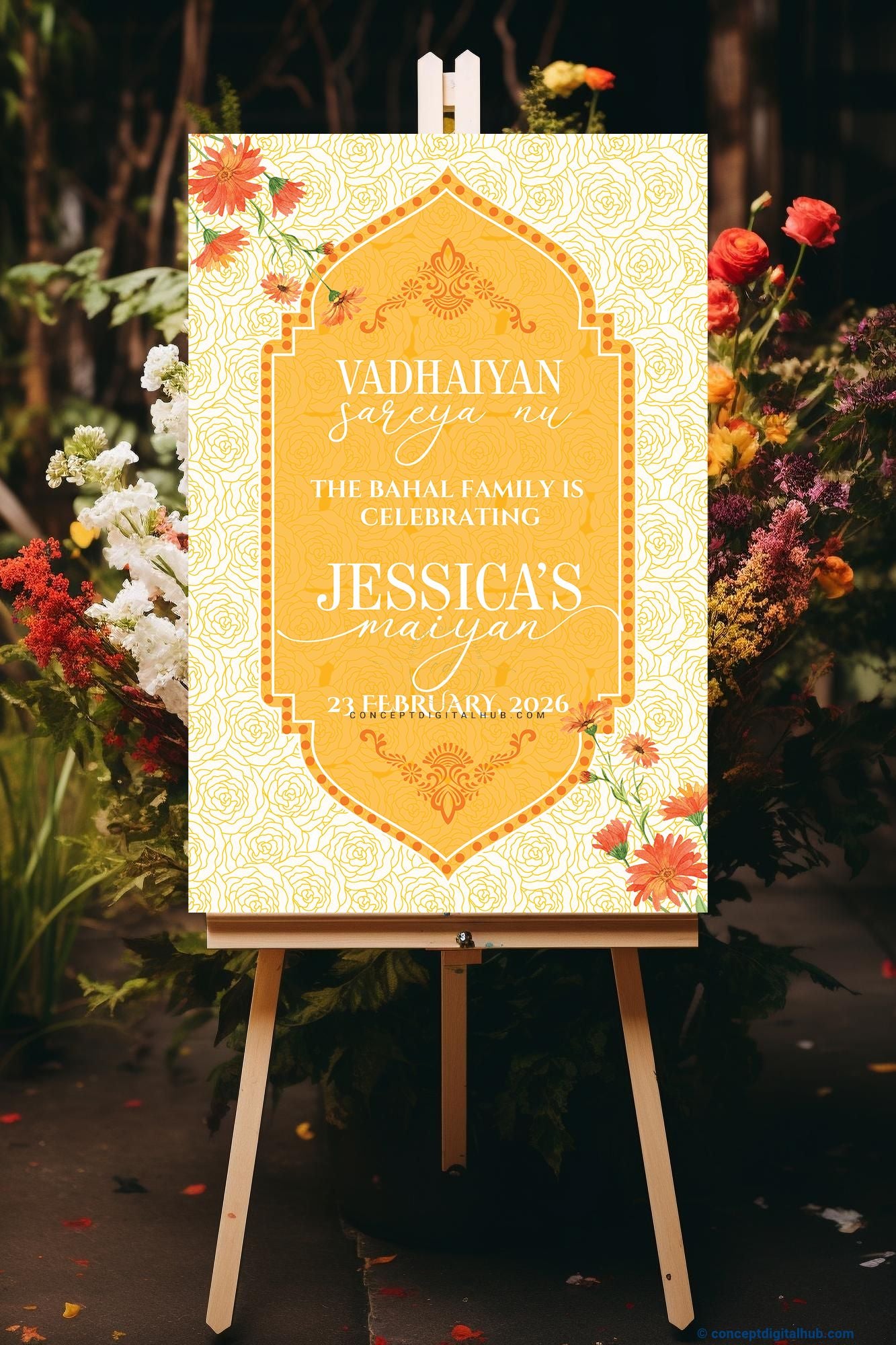 Golden Yellow Color Rose Line Art Pattern Welcome Board for Maiyan