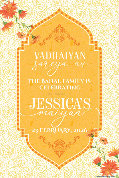 Golden Yellow Color Rose Line Art Pattern Welcome Board for Maiyan