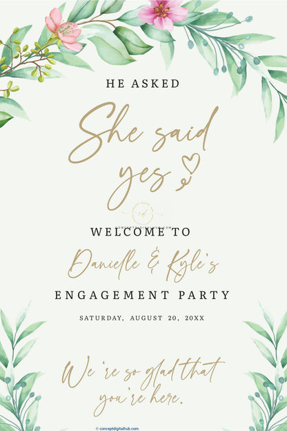 Floral Green Engagement Welcome Sign Board