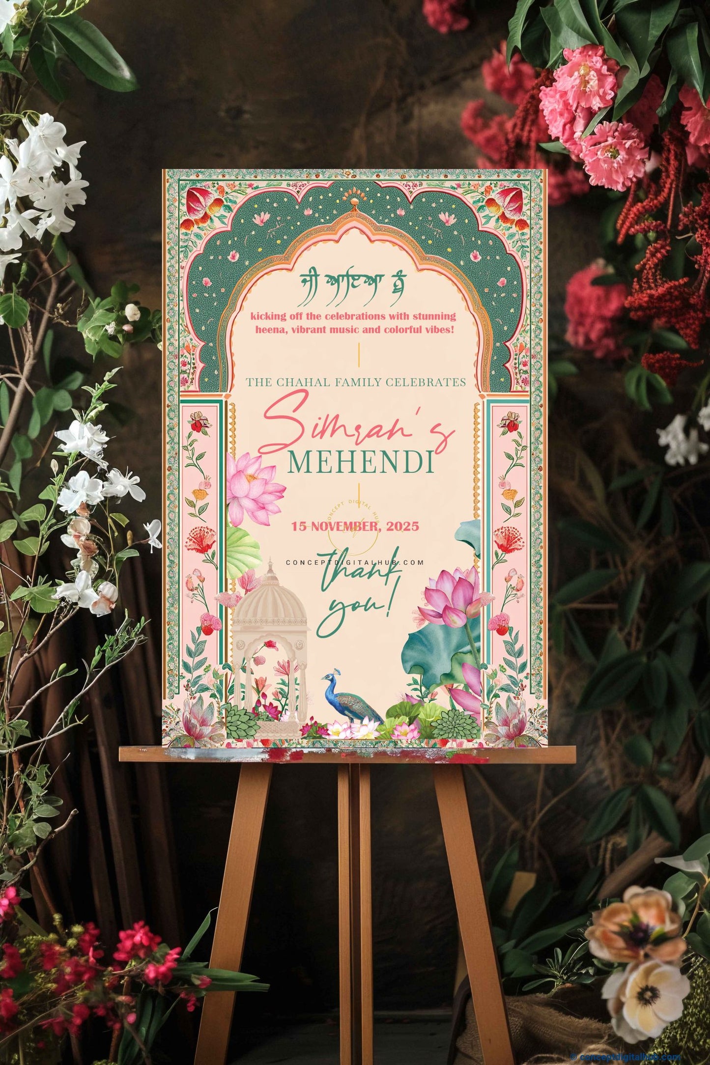 Teal Green Color Lotus Flowers Welcome Board for Mehendi