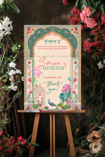 Teal Green Color Lotus Flowers Welcome Board for Mehendi