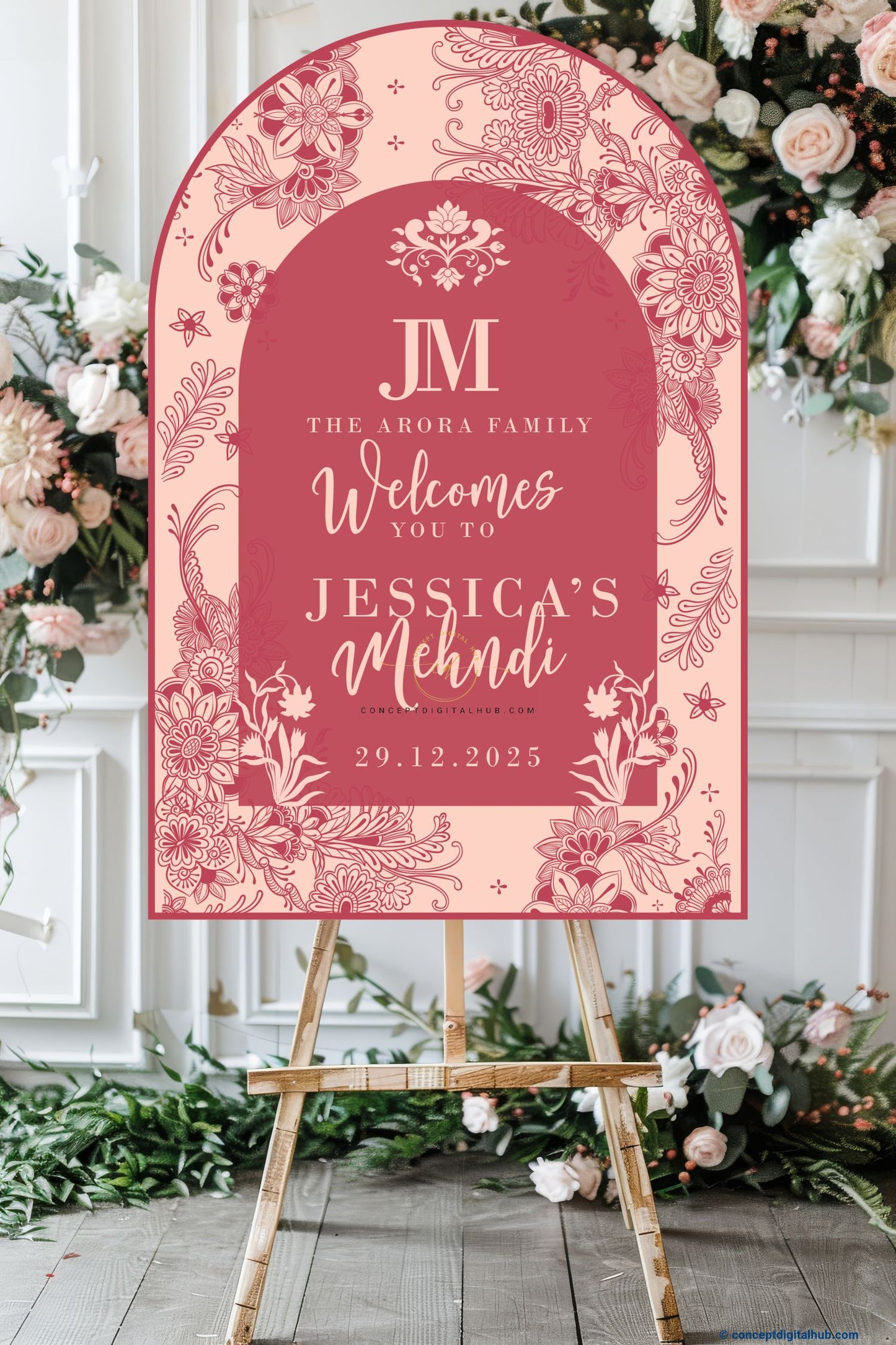 Dusty Rose Color Botanical Floral Welcome Board for Mehendi