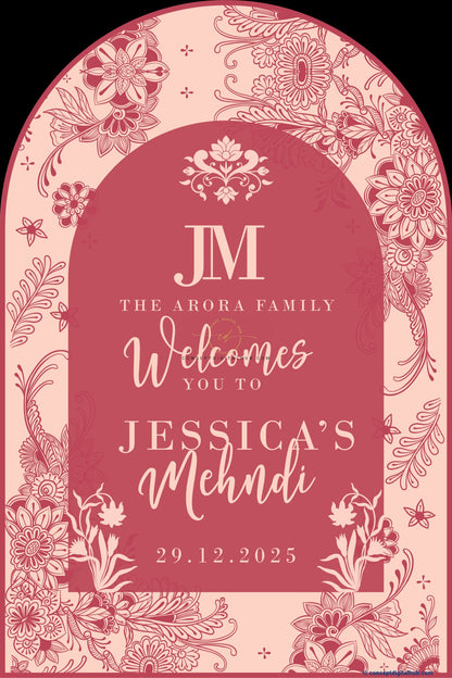 Dusty Rose Color Botanical Floral Welcome Board for Mehendi