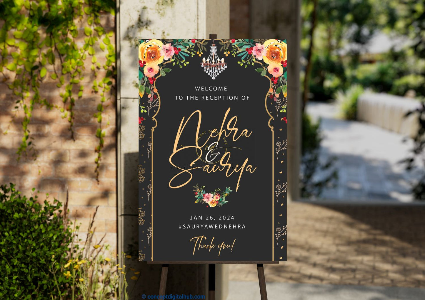 Reception Welcome Sign Board With Chandelier