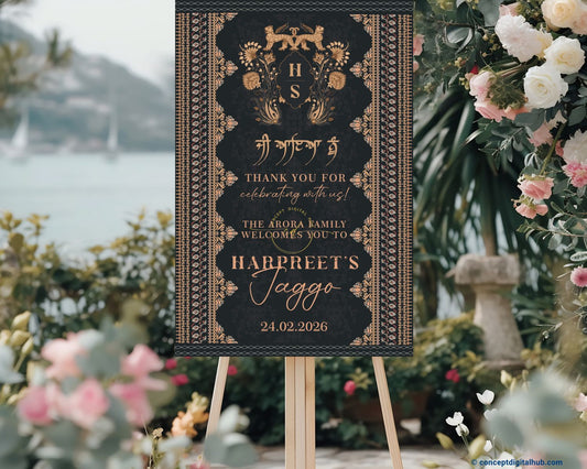Charcoal Black Color Vintage Floral Border Pattern Welcome Board for Jaggo
