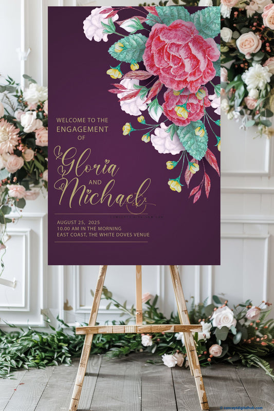 Grape Purple Color Tropical Floral Welcome Board for Engagement