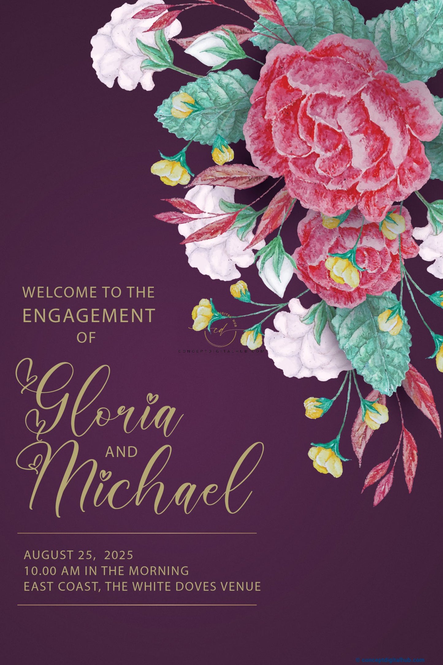 Grape Purple Color Tropical Floral Welcome Board for Engagement