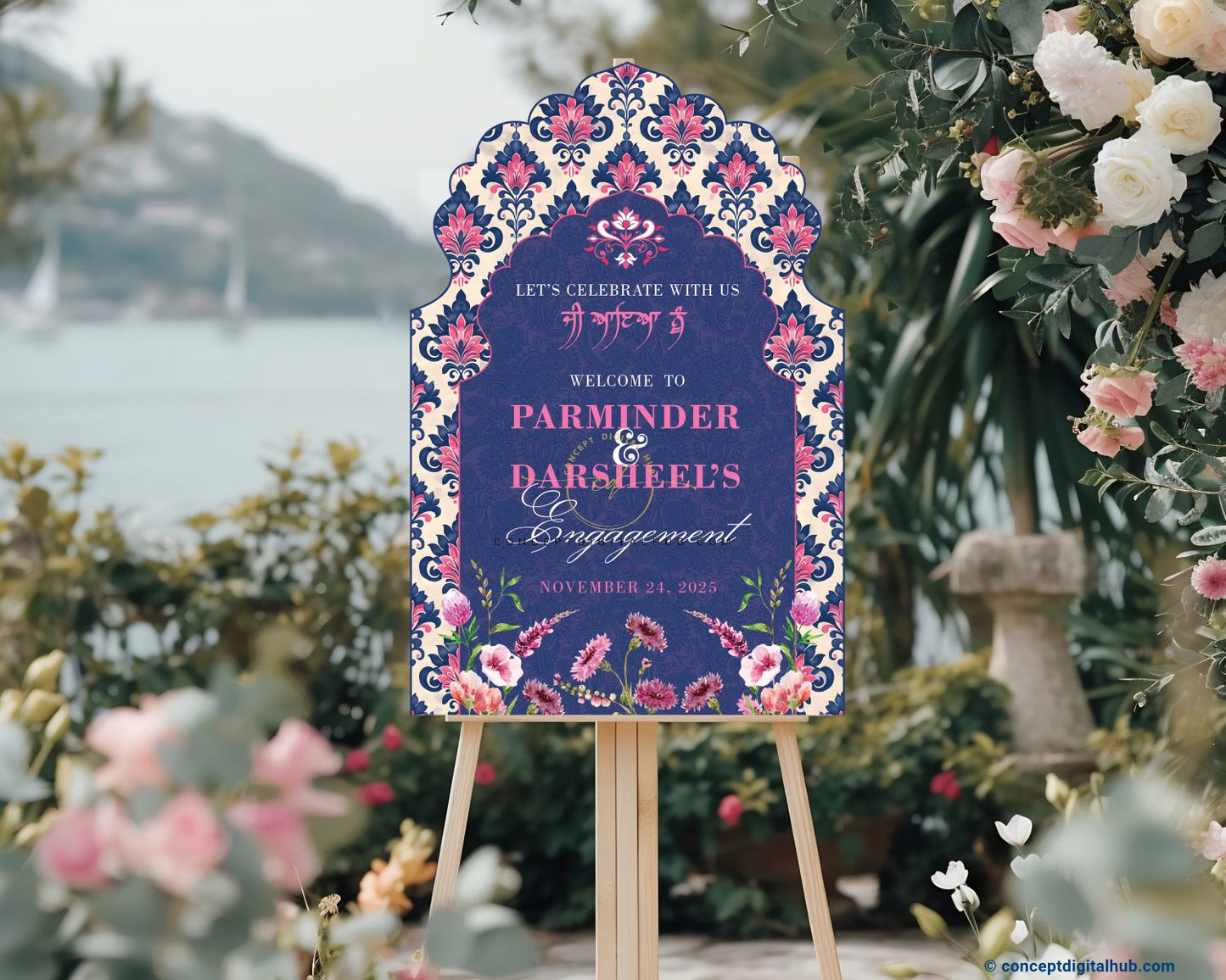 Navy Blue Color Ornamental Motifs Welcome Board for Engagement