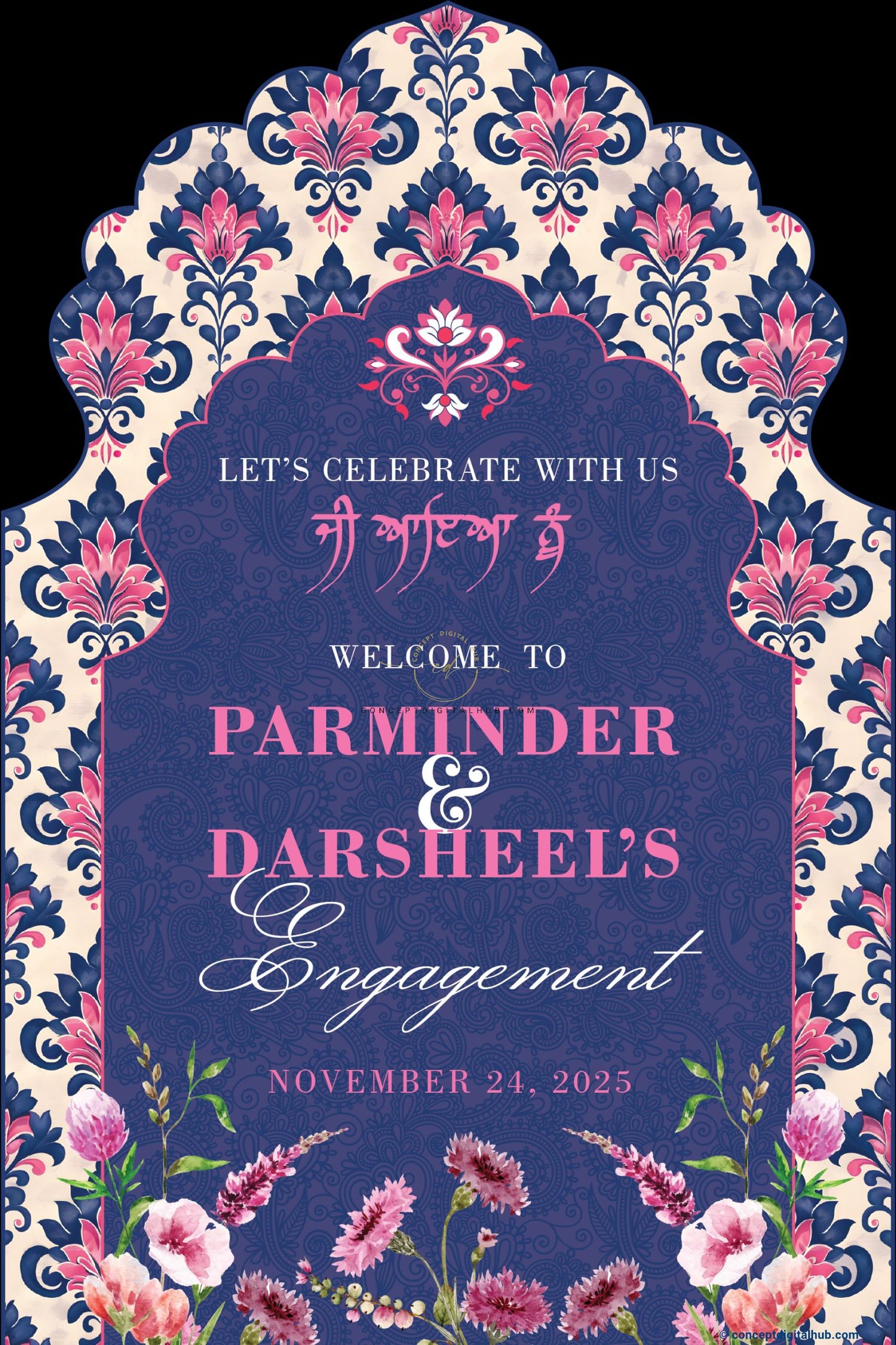 Navy Blue Color Ornamental Motifs Welcome Board for Engagement