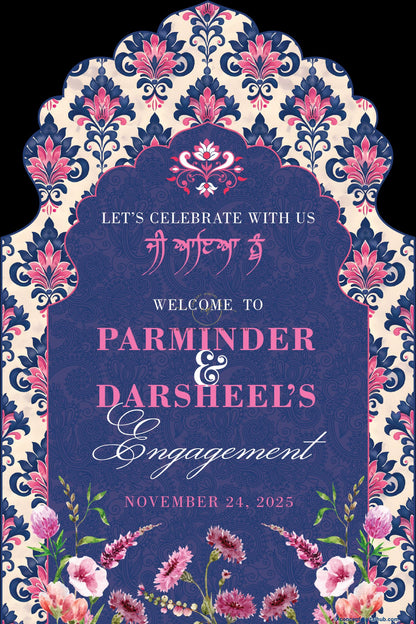 Navy Blue Color Ornamental Motifs Welcome Board for Engagement