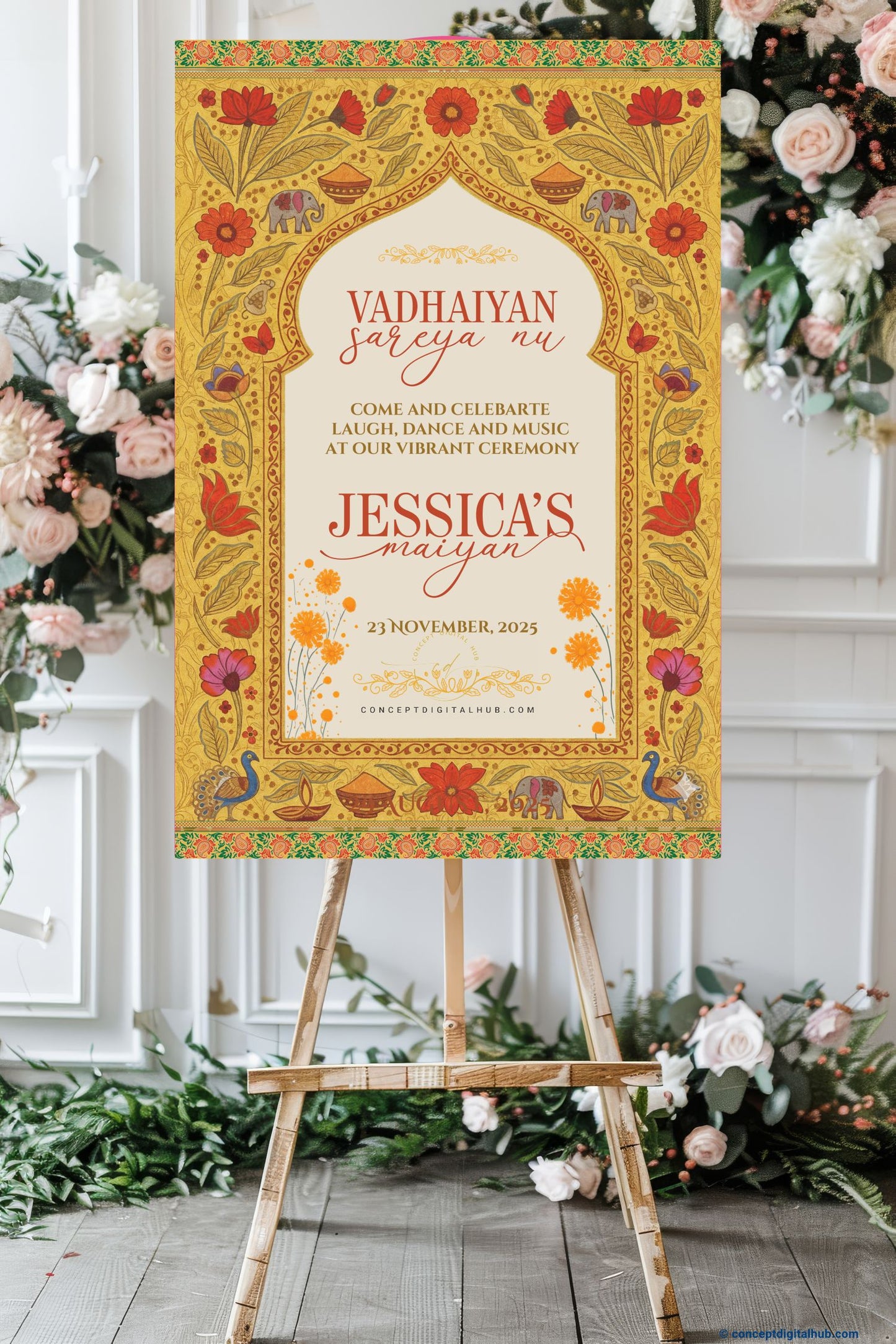 Mustard Yellow Color Mughal Style arch Welcome Board for Maiyan