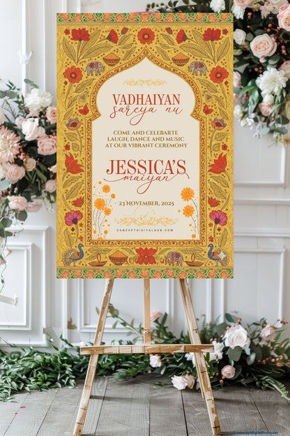 Mustard Yellow Color Mughal Style arch Welcome Board for Maiyan