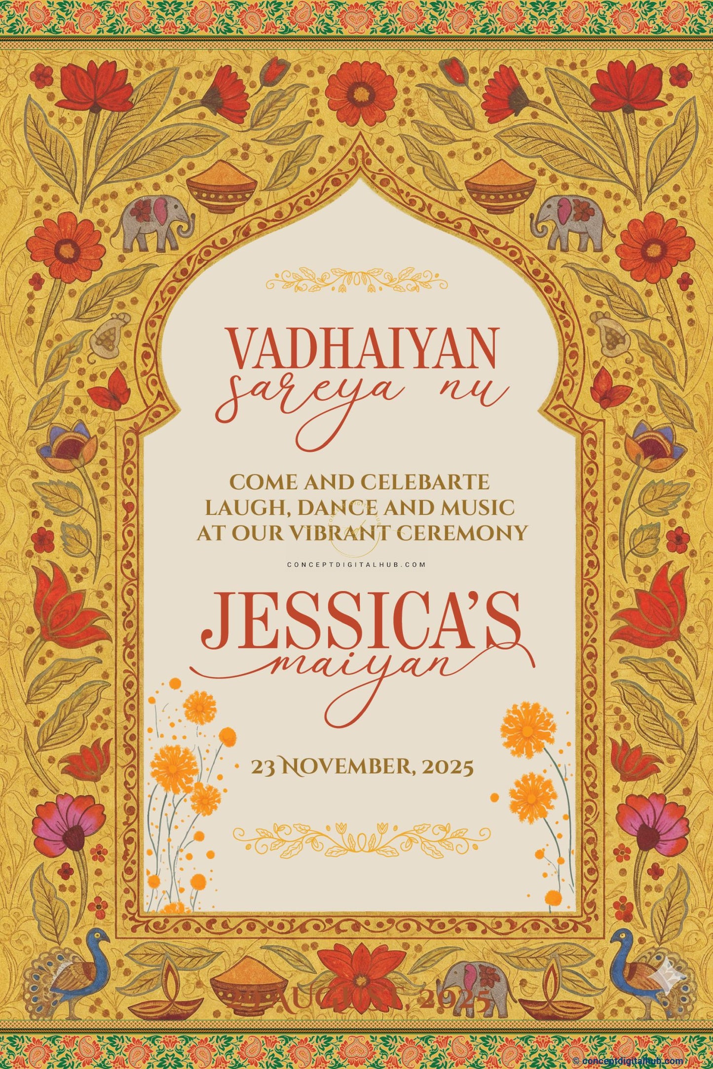 Mustard Yellow Color Mughal Style arch Welcome Board for Maiyan