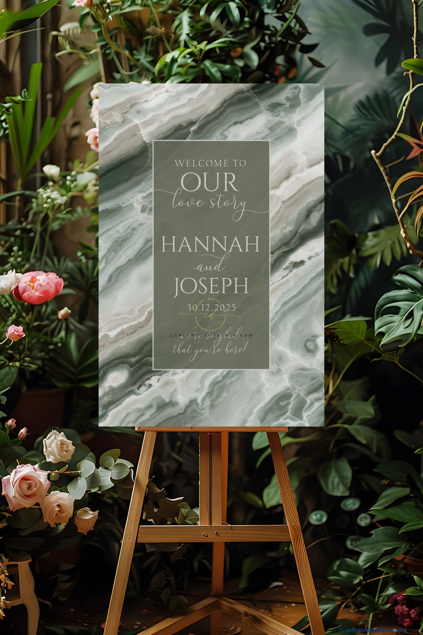 Sage Green Color Marble Texture Welcome Board for Wedding Week