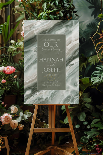 Sage Green Color Marble Texture Welcome Board for Wedding Week