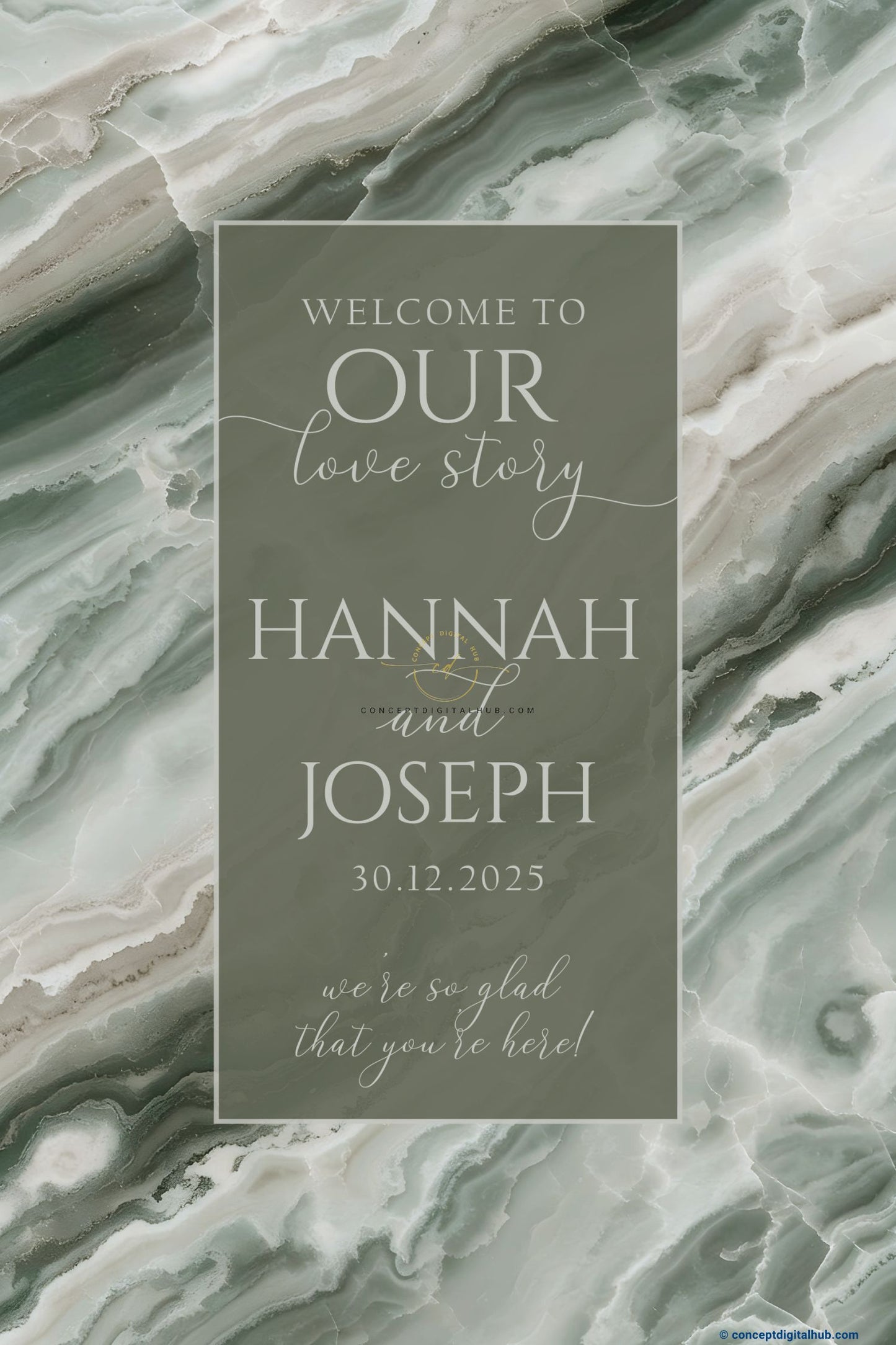 Sage Green Color Marble Texture Welcome Board for Wedding Week