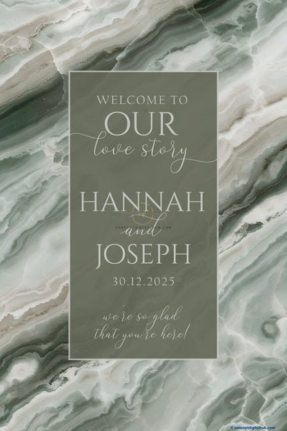 Sage Green Color Marble Texture Welcome Board for Wedding Week