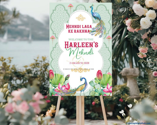 Mint Green Color Lotus Flowers and Leaves Welcome Board for Mehendi