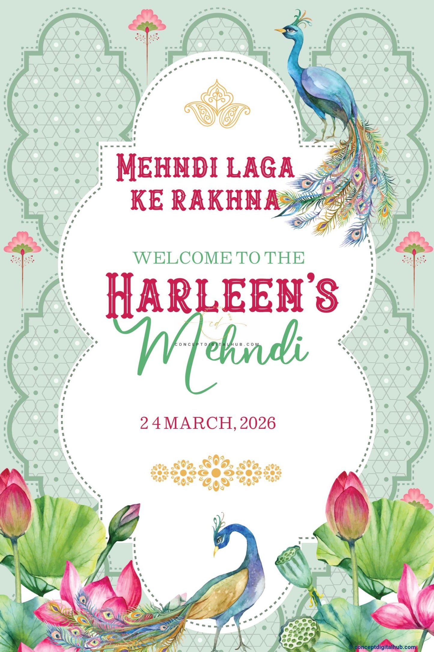 Mint Green Color Lotus Flowers and Leaves Welcome Board for Mehendi