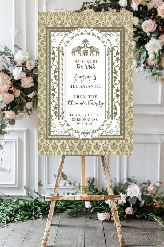 Ivory White Color Floral Vine Border Pattern Welcome Board for Wedding Week
