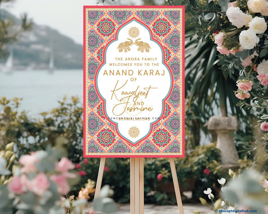 Coral Pink Color Mandala Theme Welcome Board for Wedding Week